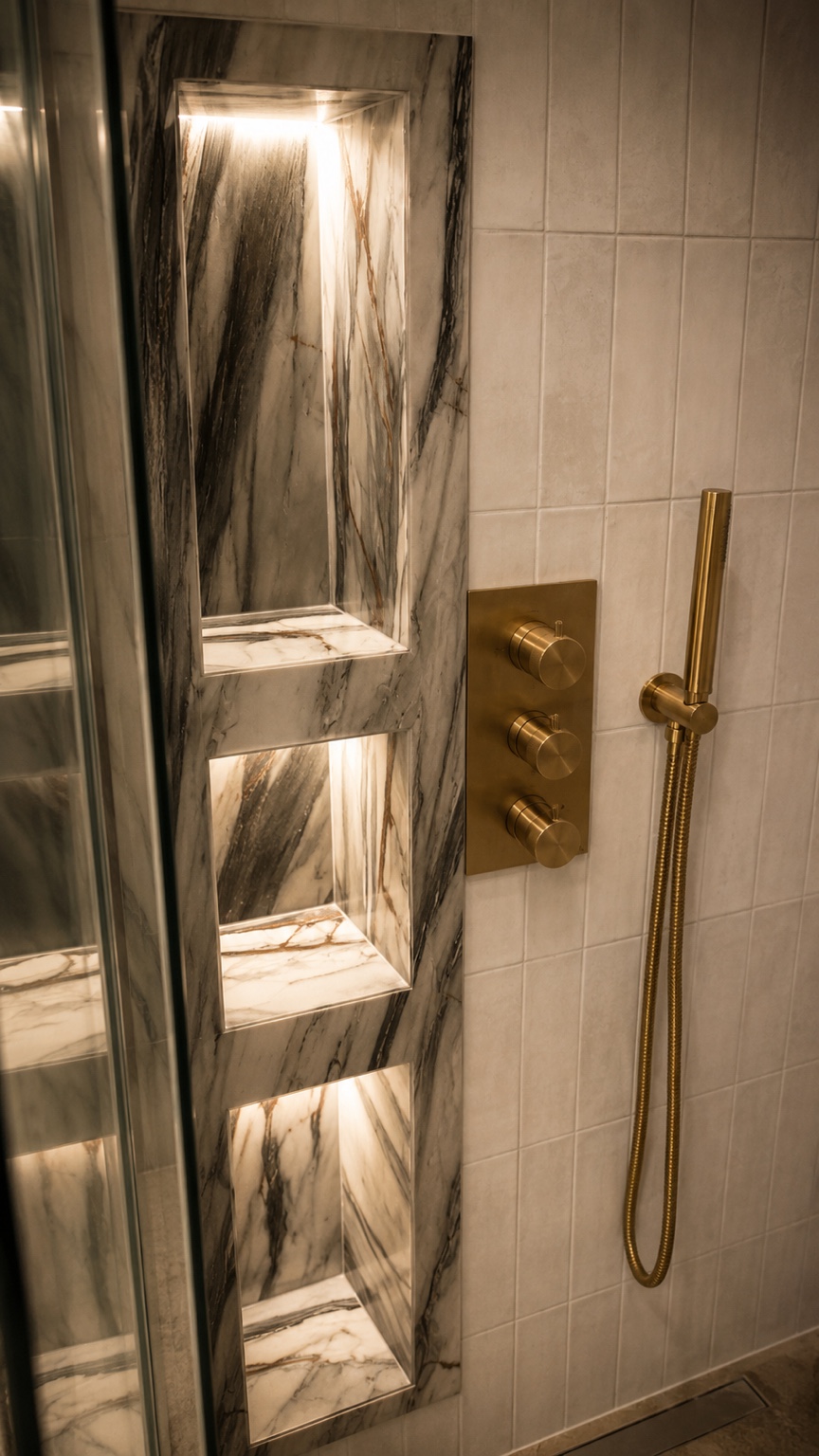 Douche vitrée avec niches en marbre éclairées
