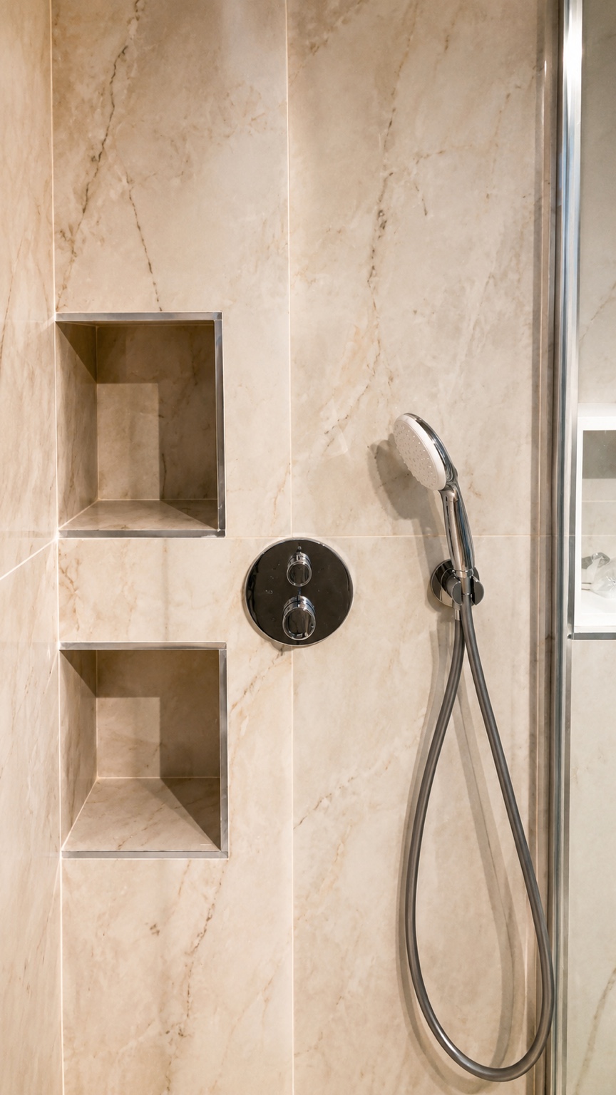 Détail de la douche et des niches murales