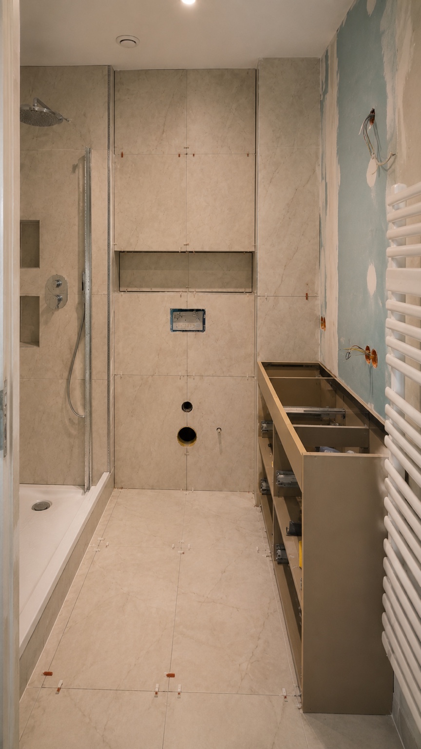 Pose du carrelage effet marbre et du meuble vasque