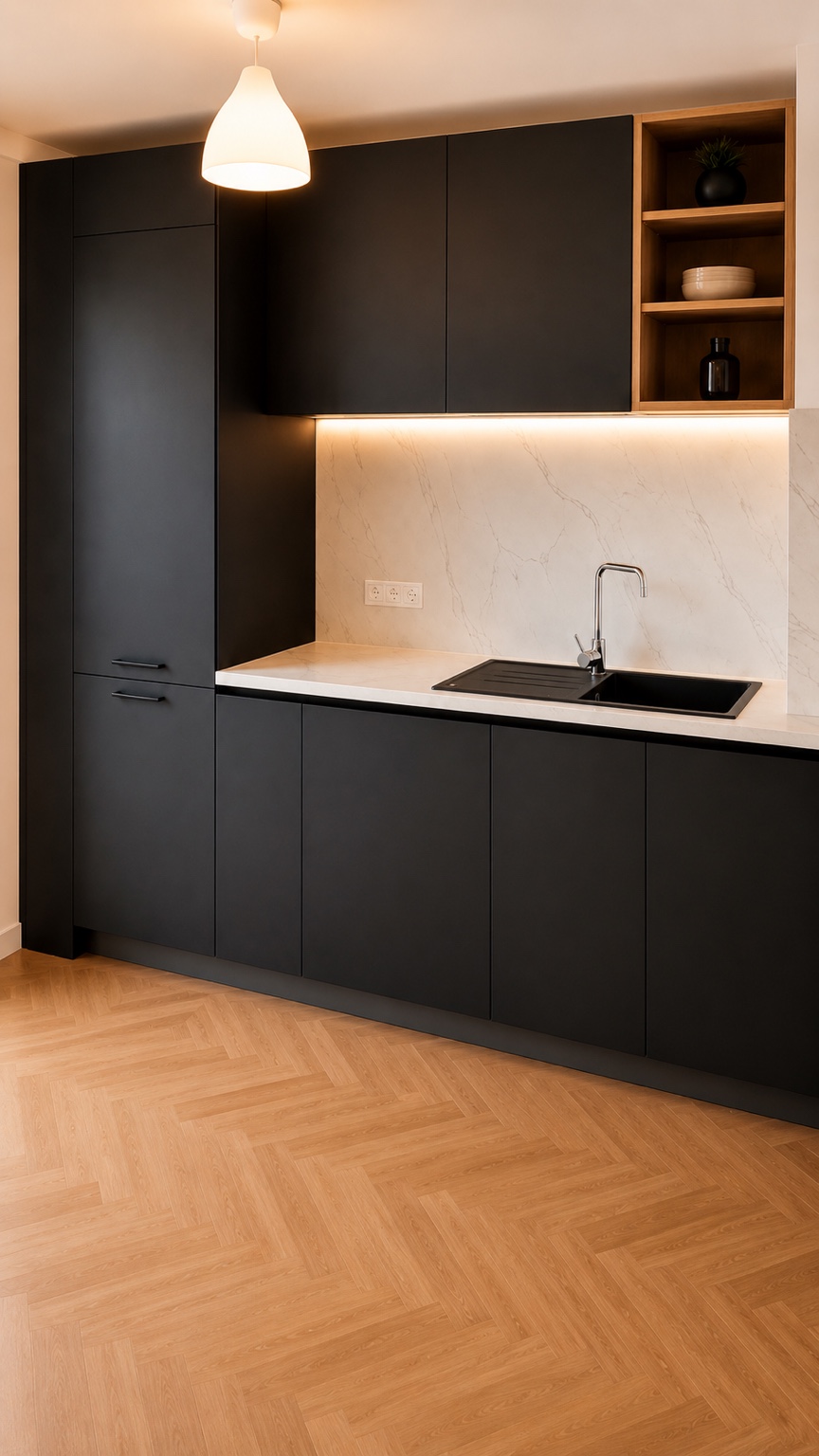 Mobilier noir terminé avec niche en bois